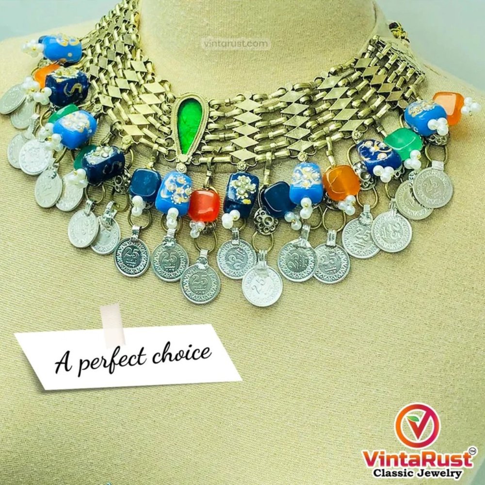 Vintage Kuchi Choker: Coin & Multicolor Glass Stone Necklace - Picture 6 of 9